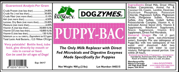 Dogzymes Puppy-Bac Lait de remplacement avec micro-organismes vivants et enzymes 441 millions d'UFC/gramme Mélange 1:4 