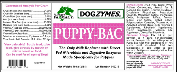 Dogzymes Puppy-Bac Milk Replacer with Live Microorganisms and Enzymes 441 Million CFU/gram Mix 1:4